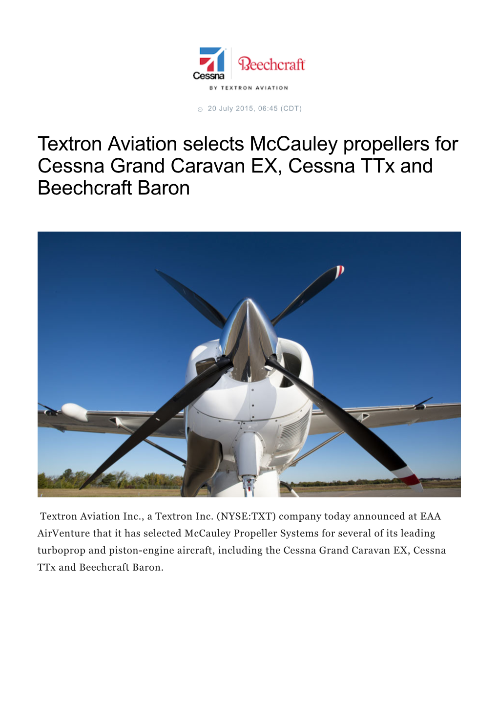 Textron Aviation Selects Mccauley Propellers for Cessna Grand Caravan EX, Cessna Ttx and Beechcraft Baron