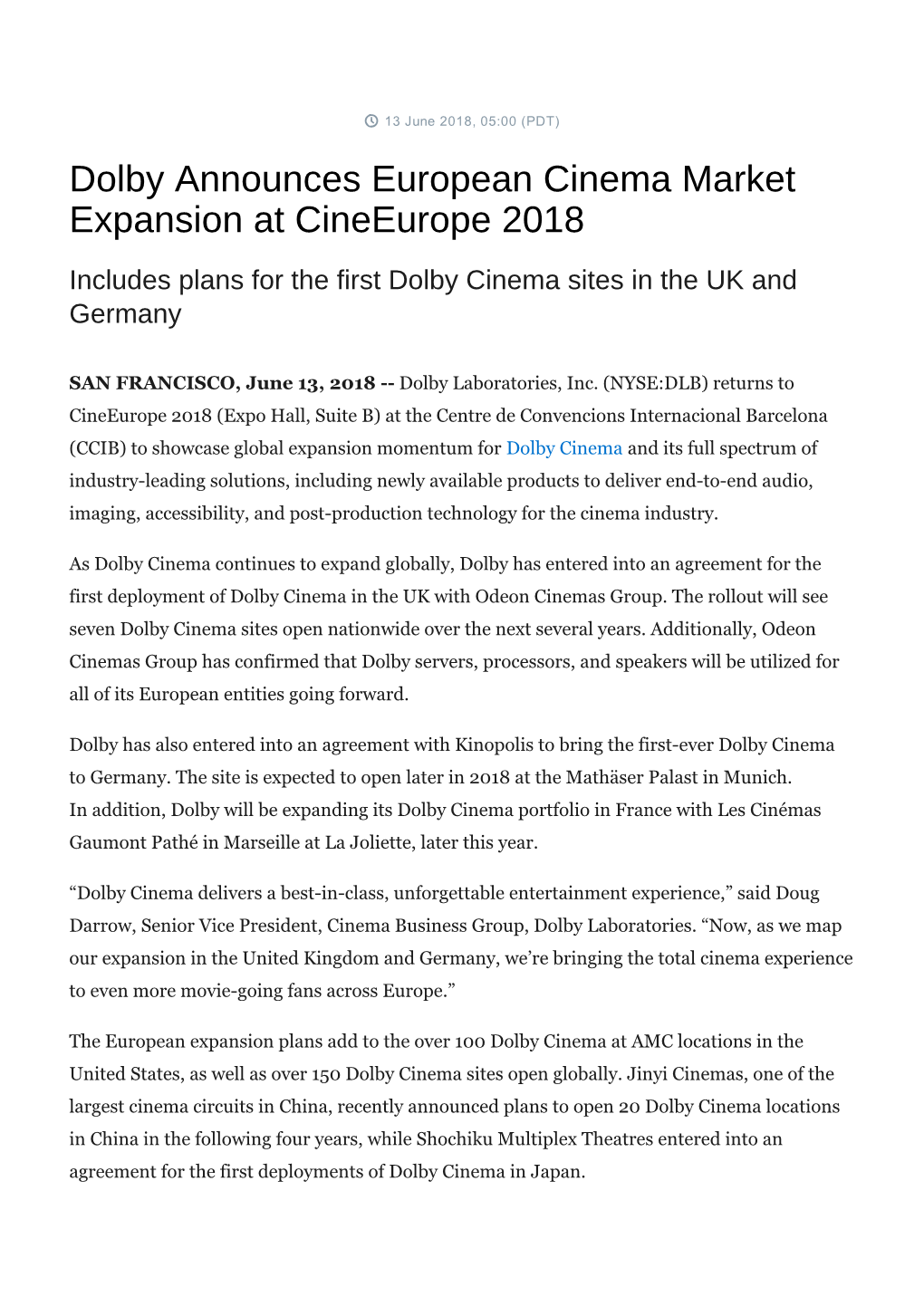 Dolby Announces European Cinema Market Expansion at Cineeurope 2018