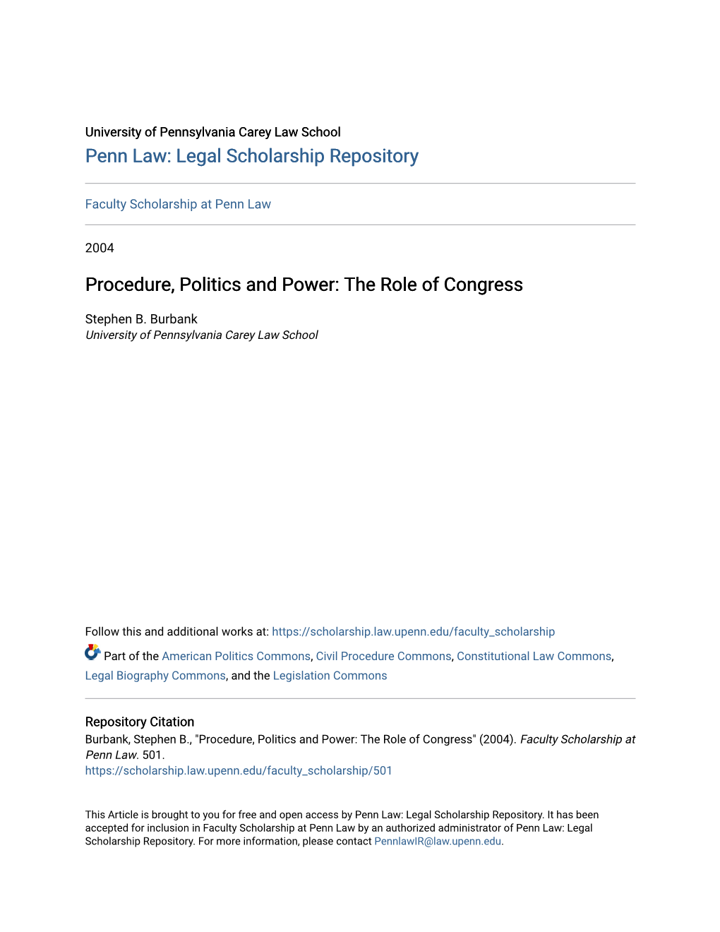 Procedure, Politics and Power: the Role of Congress