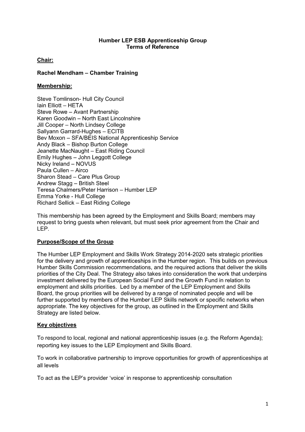 Humber LEP ESB Apprenticeship Group Terms of Reference