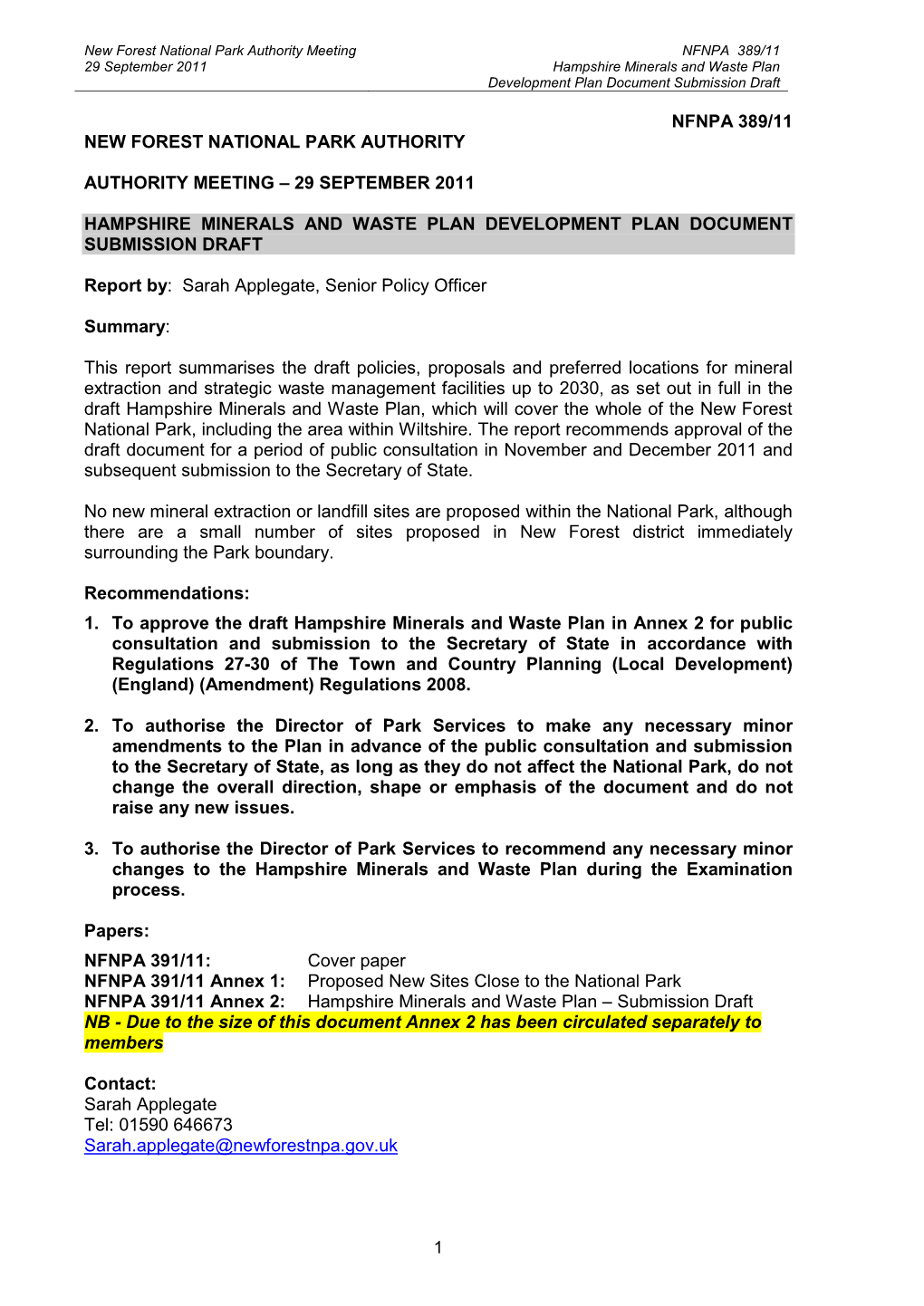 NFNPA 389/11 29 September 2011 Hampshire Minerals and Waste Plan Development Plan Document Submission Draft