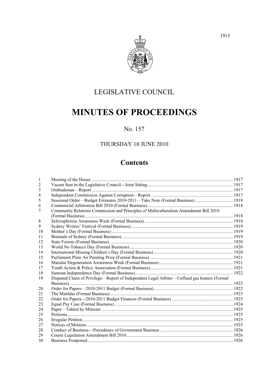Minutes No. 157—Thursday 10 June 2010