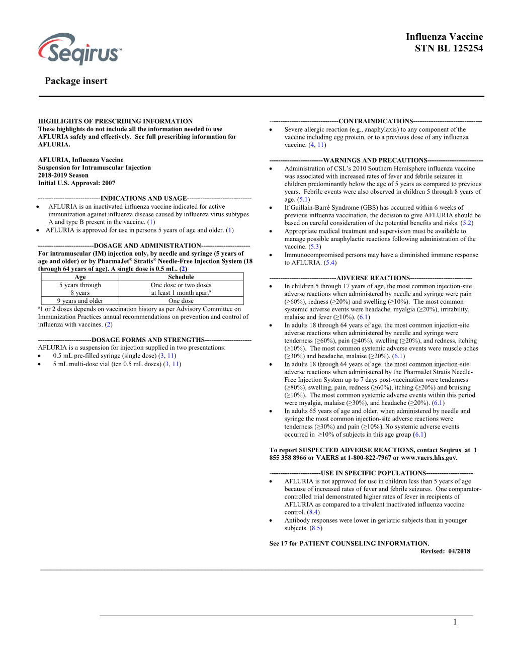 Package Insert Influenza Vaccine STN BL 125254