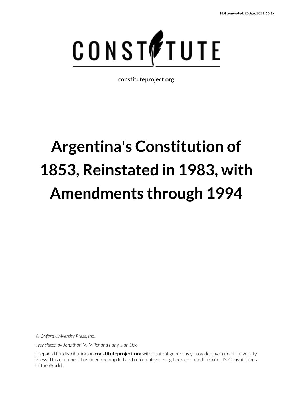 Argentina's Constitution of 1853, Reinstated in 1983, with Amendments Through 1994