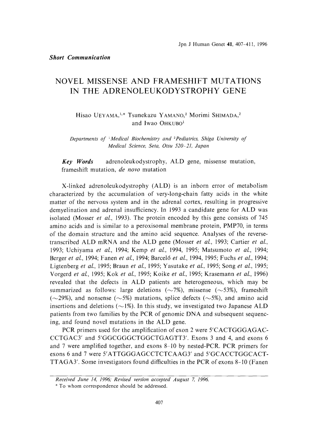 Novel Missense and Frameshift Mutations in the Adrenoleukodystrophy Gene