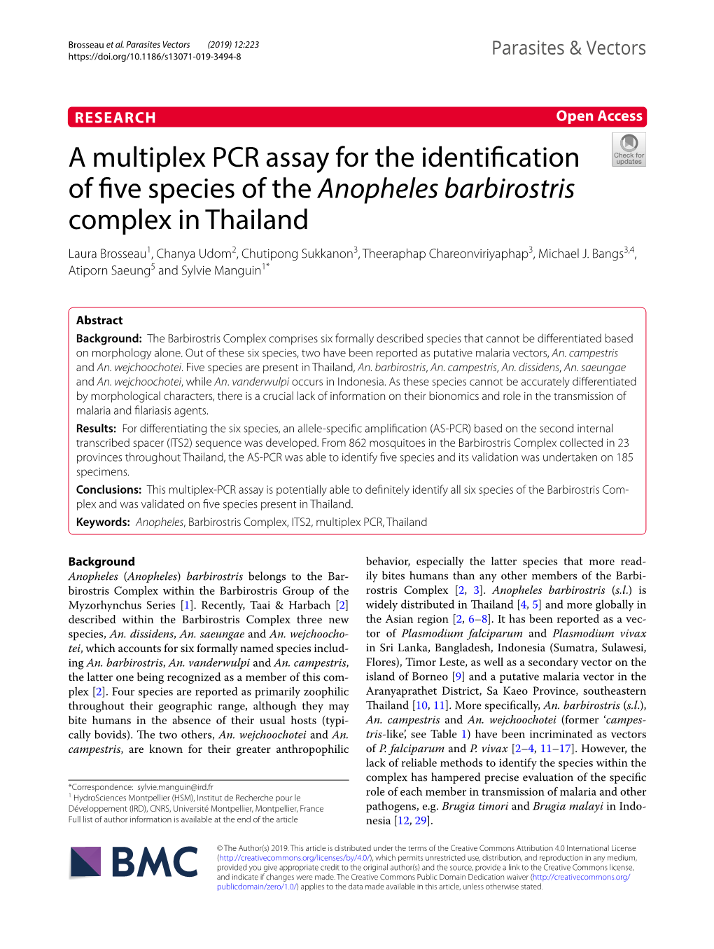 A Multiplex PCR Assay for the Identification of Five Species of the Anopheles Barbirostris Complex in Thailand