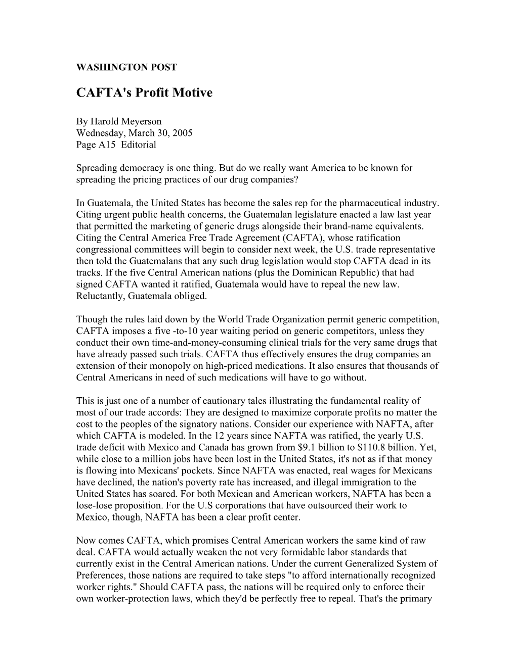 CAFTA's Profit Motive