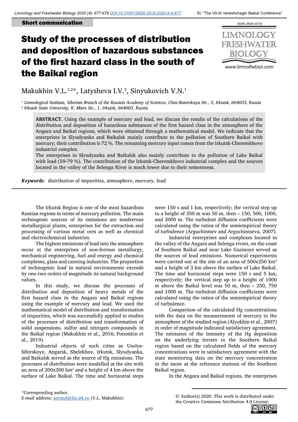 Study of the Processes of Distribution and Deposition of Hazardous Substances of the First Hazard Class in the South of the Baikal Region