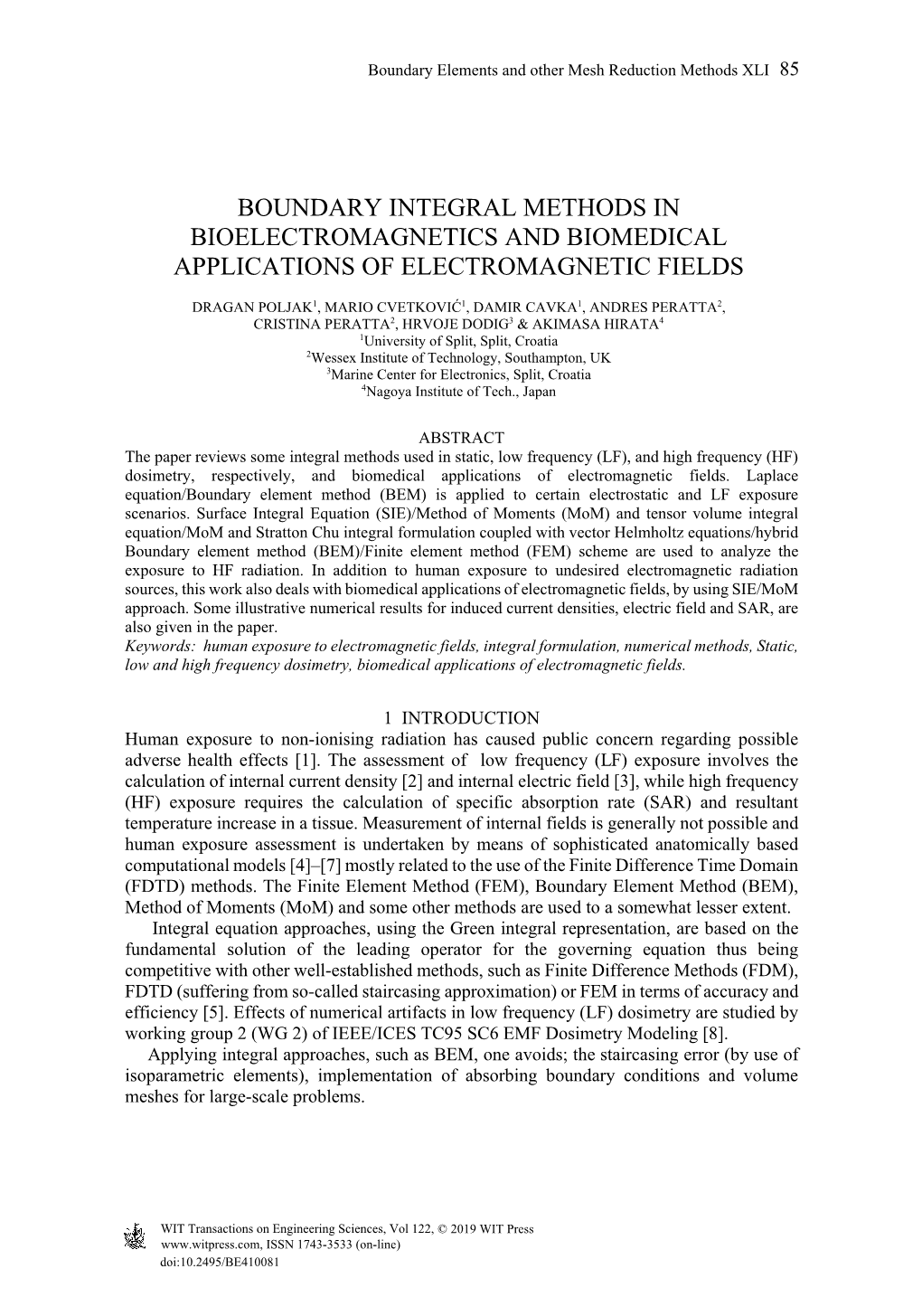 Boundary Integral Methods in Bioelectromagnetics and Biomedical Applications of Electromagnetic Fields
