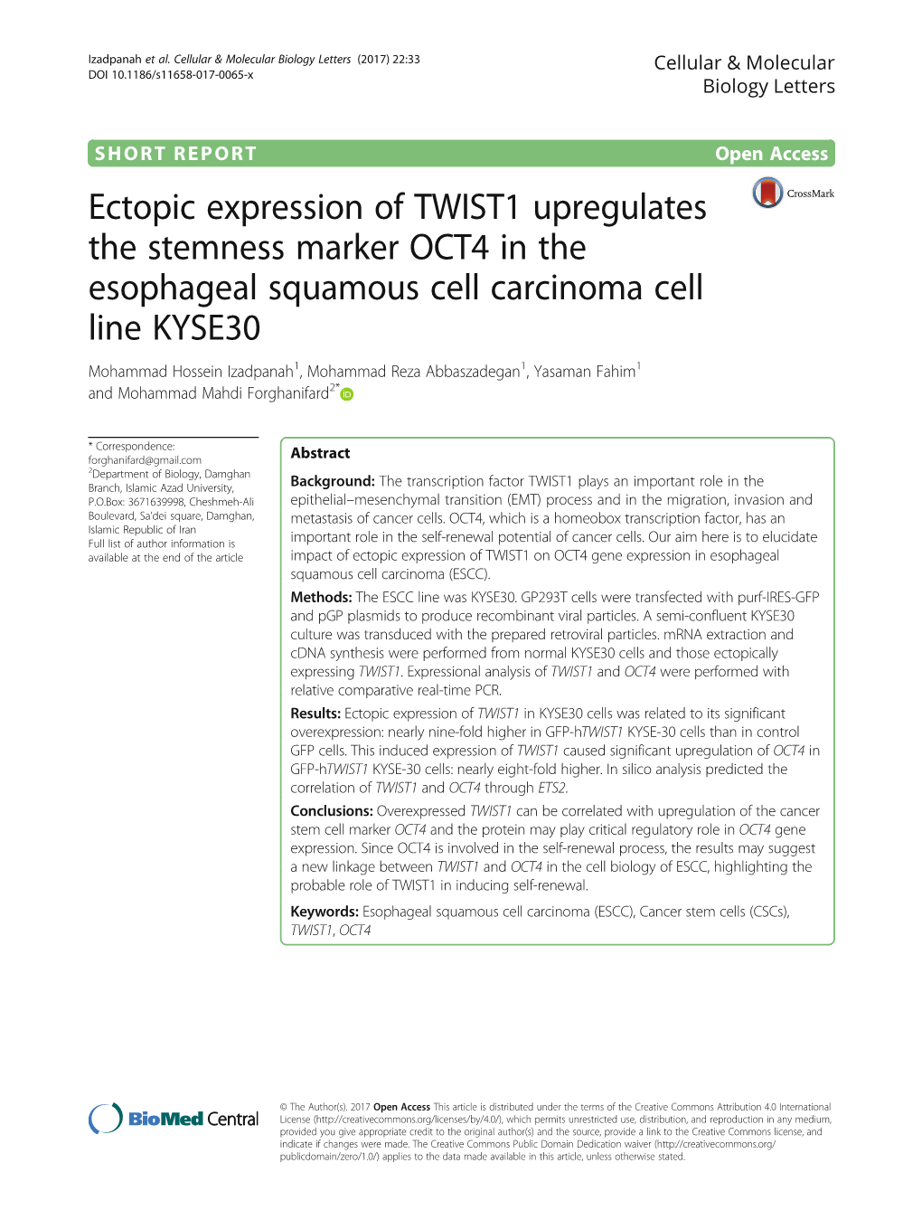 Ectopic Expression of TWIST1 Upregulates the Stemness Marker