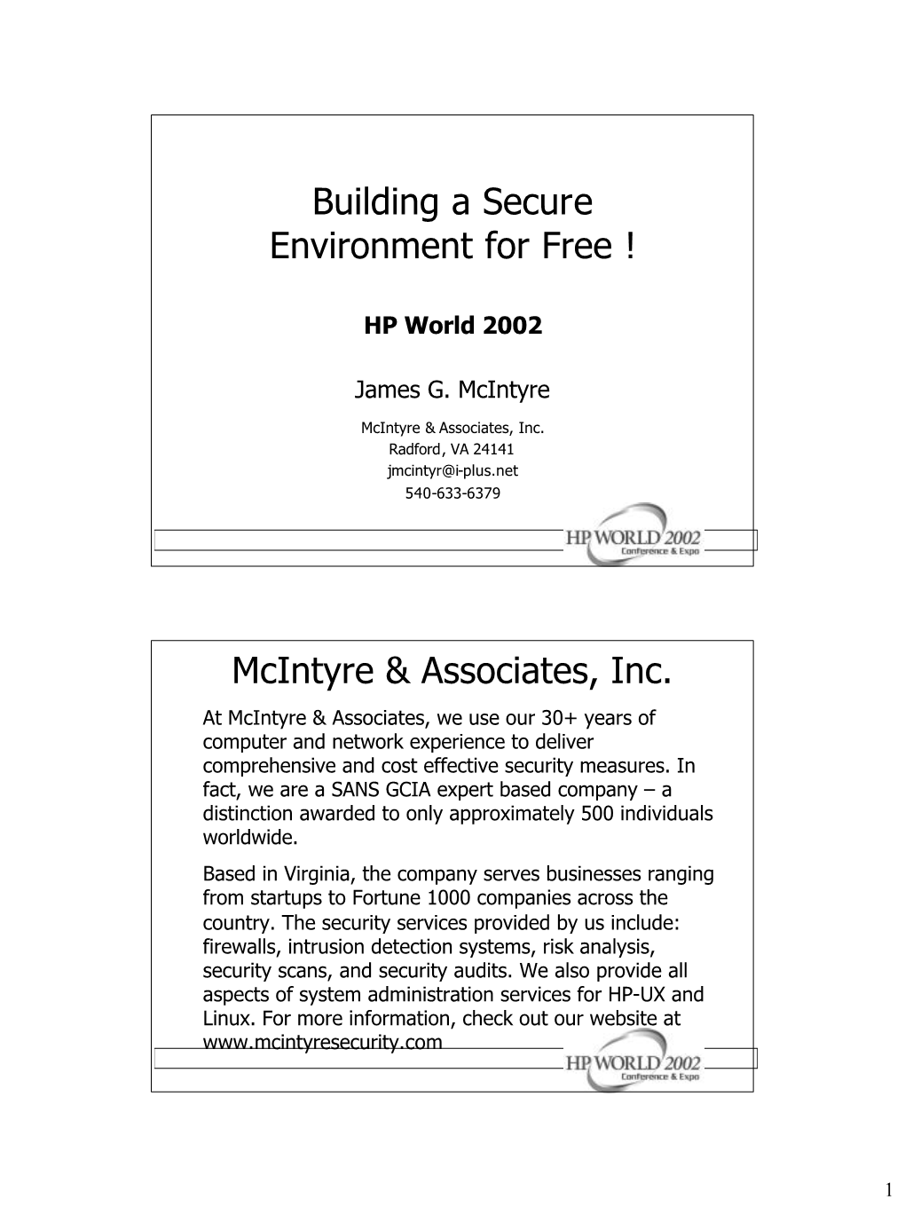 Building a Secure Environment for Free ! Mcintyre