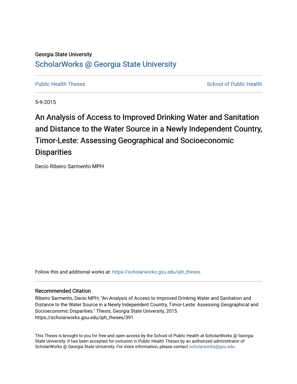 An Analysis of Access to Improved Drinking Water and Sanitation And