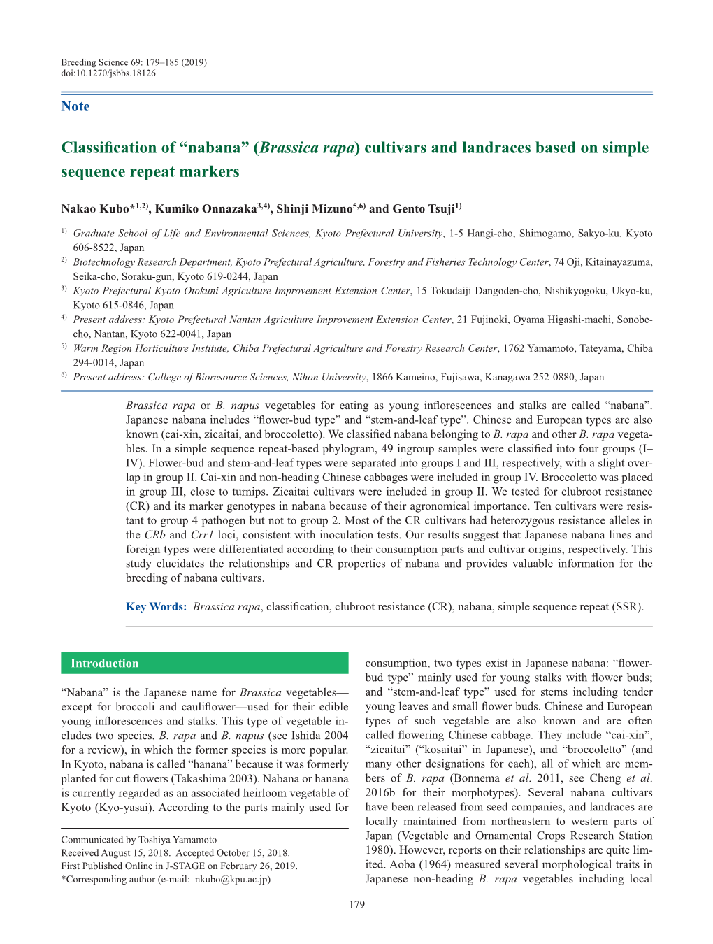 Classification of “Nabana” (Brassica Rapa) Cultivars and Landraces Based on Simple Sequence Repeat Markers