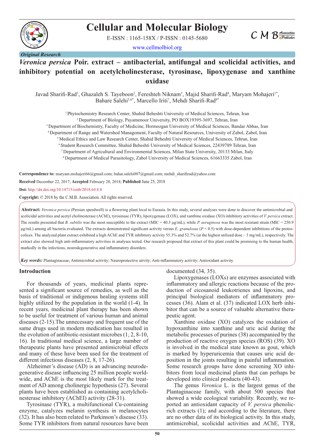 Cellular and Molecular Biology E-ISSN : 1165-158X / P-ISSN : 0145-5680 Original Research Veronica Persica Poir