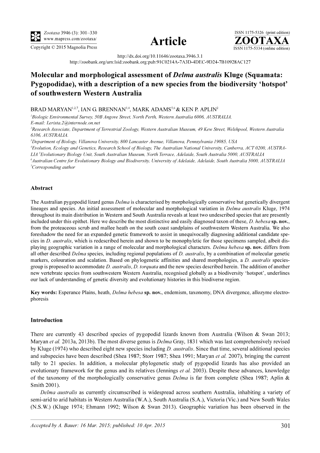 Molecular and Morphological Assessment of Delma Australis Kluge