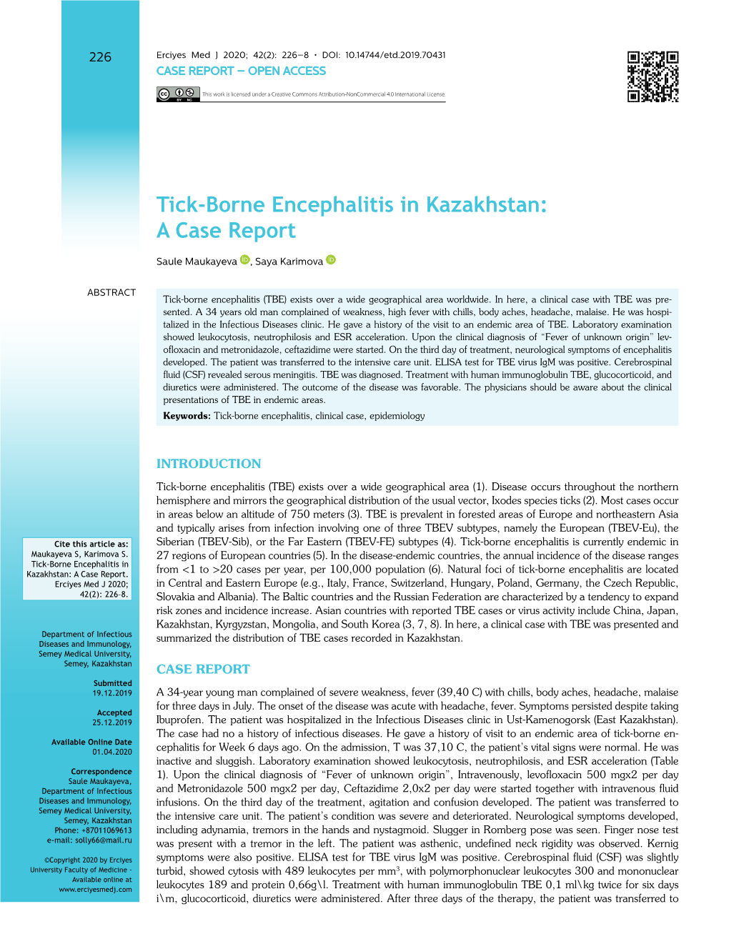 Tick-Borne Encephalitis in Kazakhstan: a Case Report