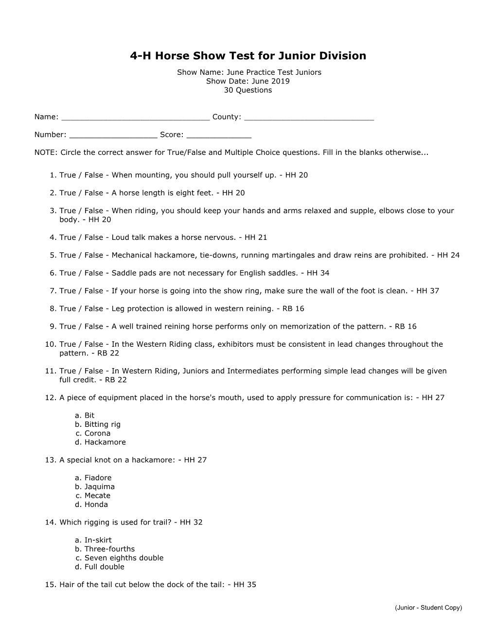 4-H Horse Show Test for Junior Division