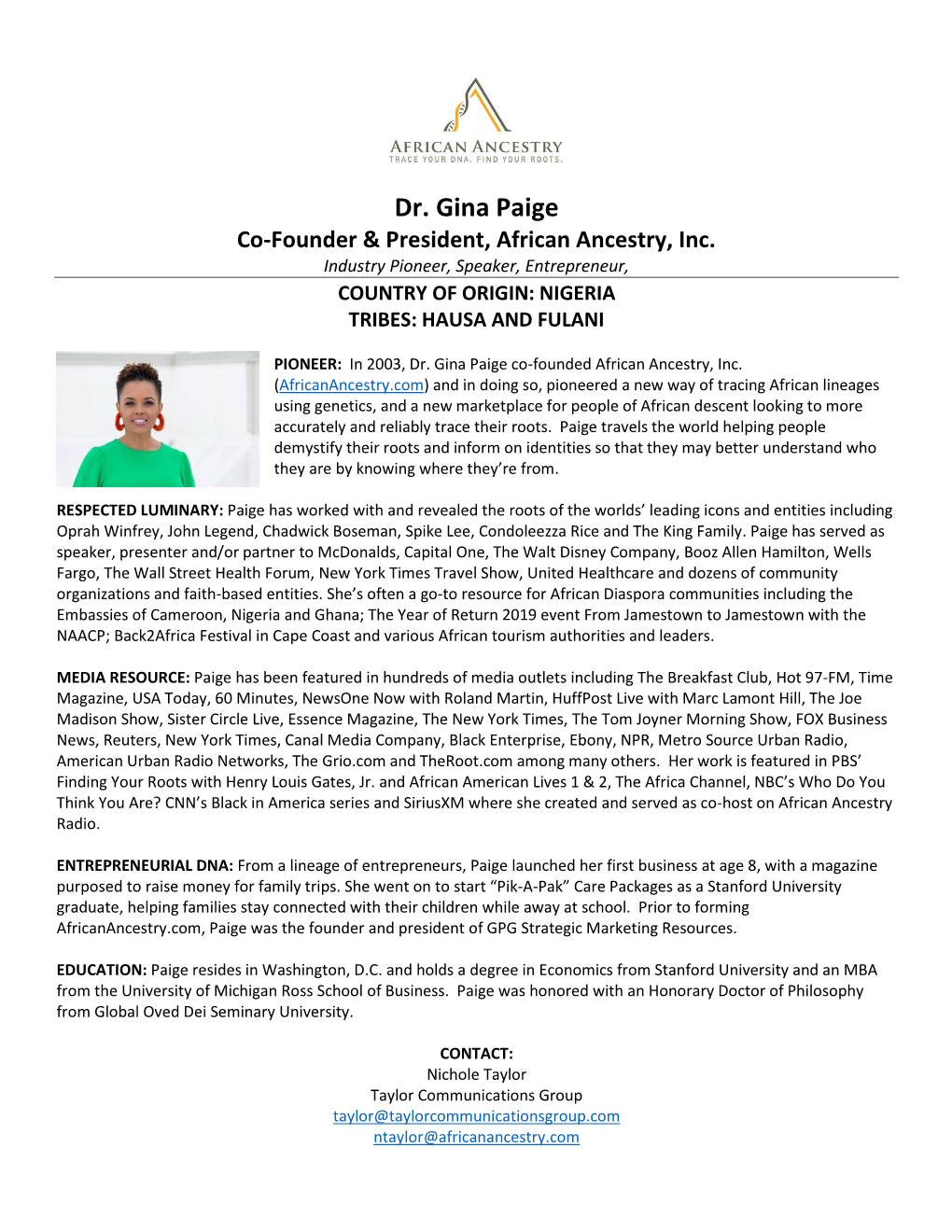 Dr. Gina Paige Co-Founder & President, African Ancestry, Inc