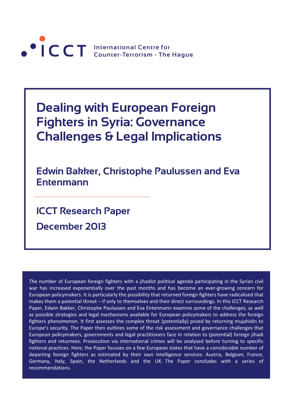 Dealing with European Foreign Fighters in Syria: Governance Challenges & Legal Implications