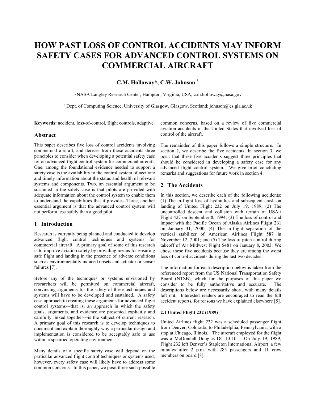 How Past Loss of Control Accidents May Inform Safety Cases for Advanced Control Systems on Commercial Aircraft