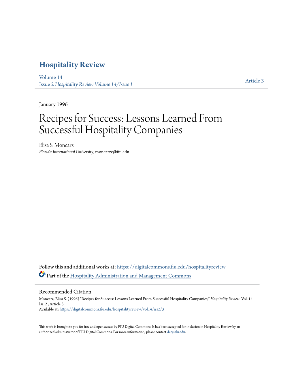 Lessons Learned from Successful Hospitality Companies Elisa S