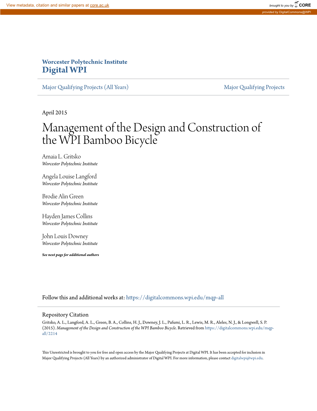 Management of the Design and Construction of the WPI Bamboo Bicycle Amaia L