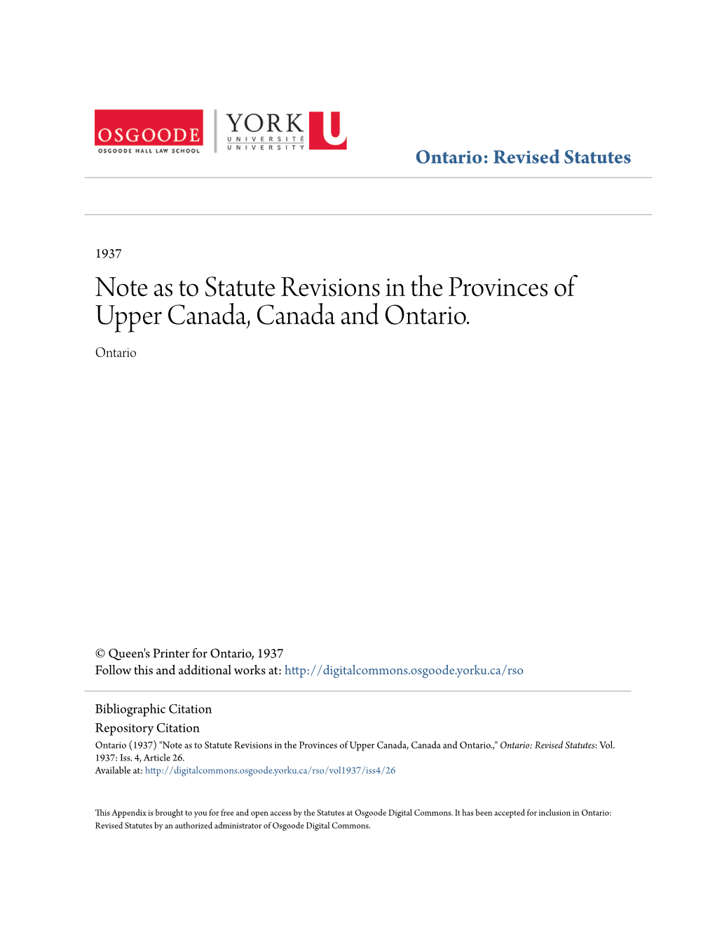 Note As to Statute Revisions in the Provinces of Upper Canada, Canada and Ontario