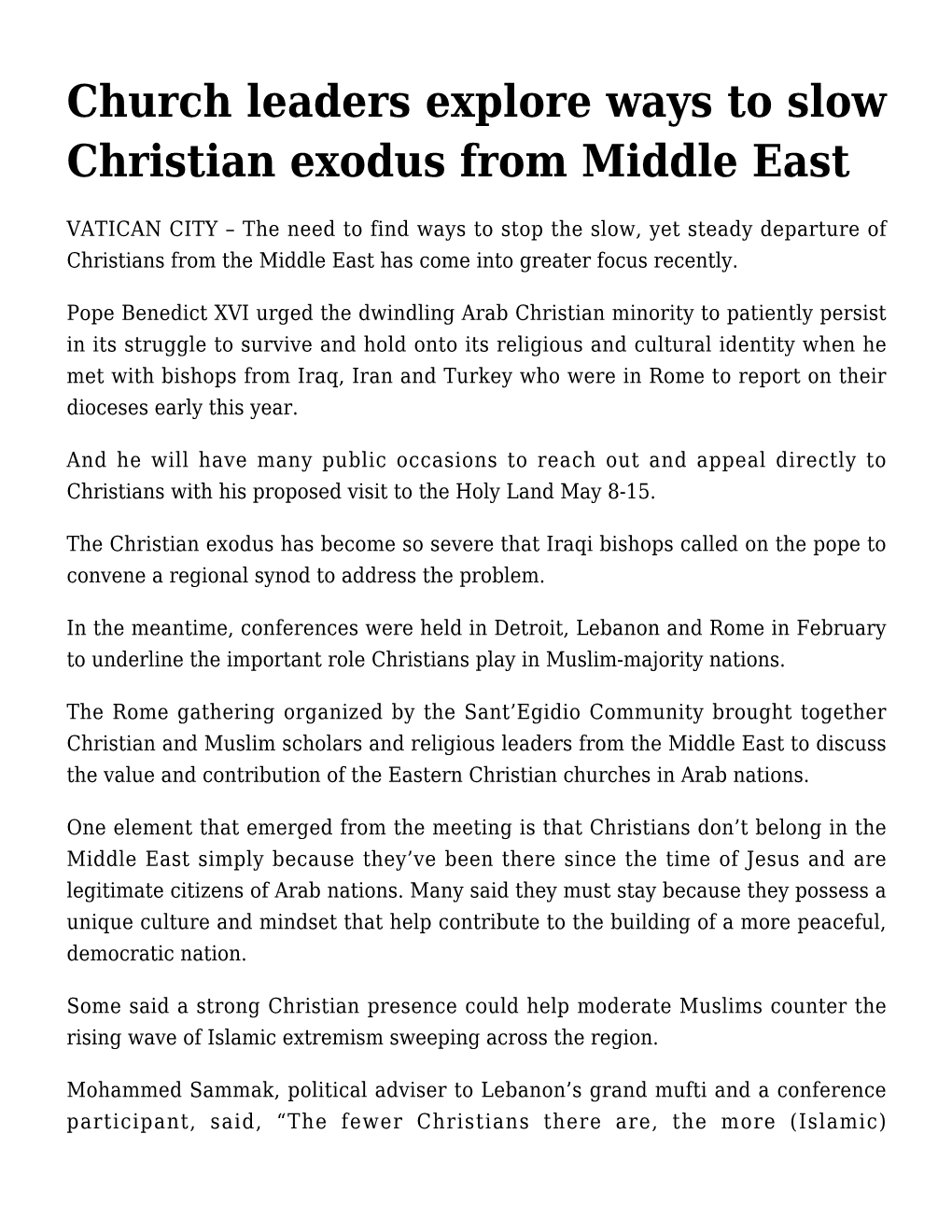 Church Leaders Explore Ways to Slow Christian Exodus from Middle East