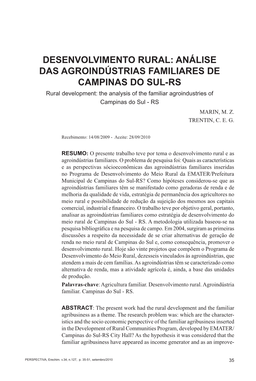 Desenvolvimento Rural: Análise Das Agroindústrias Familiares De Campinas Do Sul-Rs