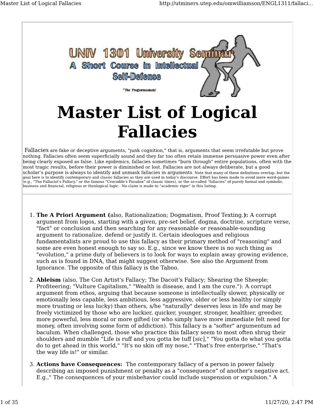 Master List of Logical Fallacies