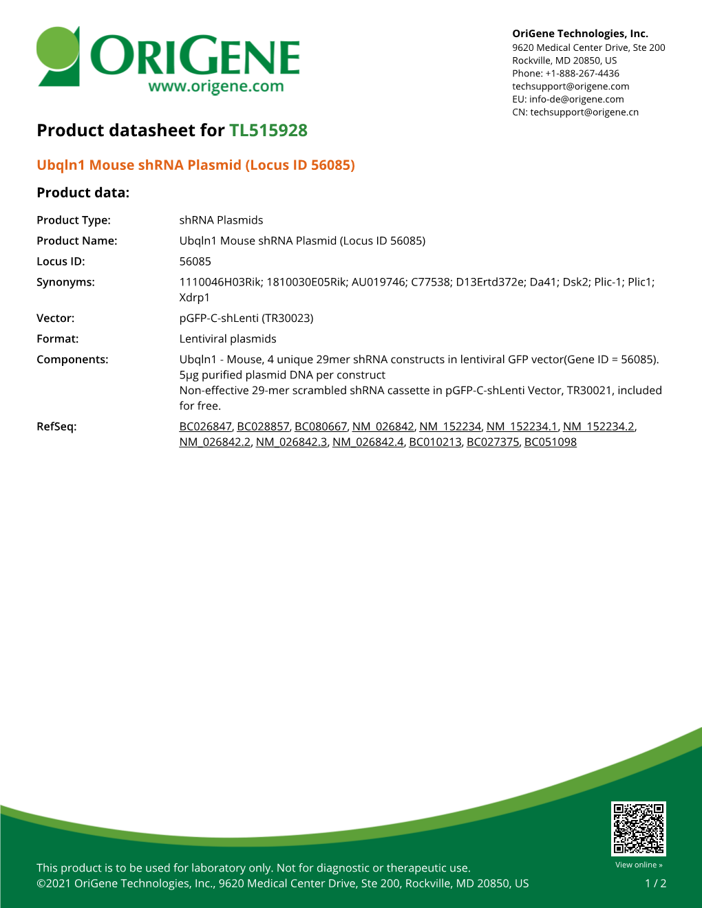 Ubqln1 Mouse Shrna Plasmid (Locus ID 56085) Product Data