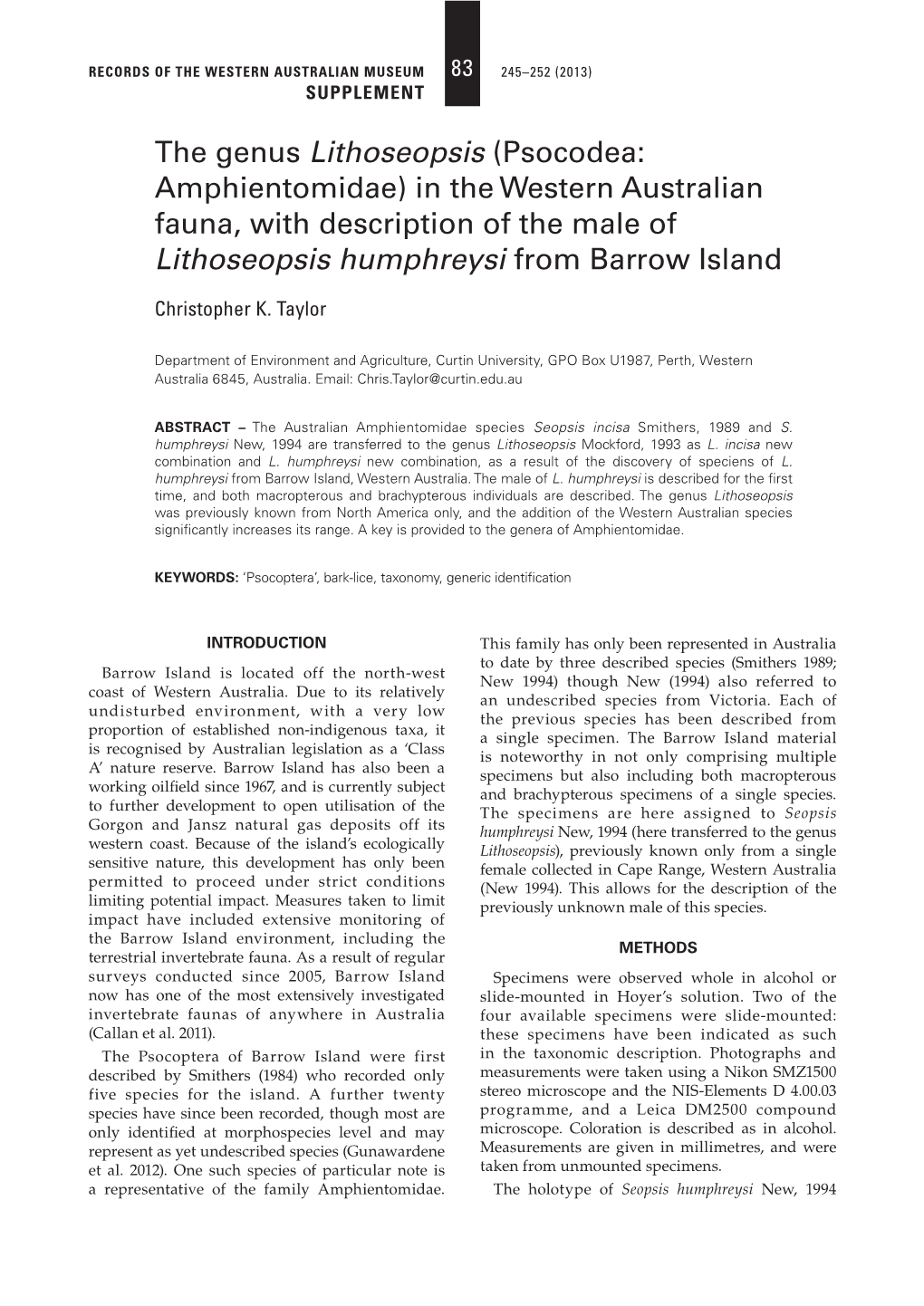 The Genus Lithoseopsis (Psocodea: Amphientomidae) in the Western Australian Fauna, with Description of the Male of Lithoseopsis Humphreysi from Barrow Island