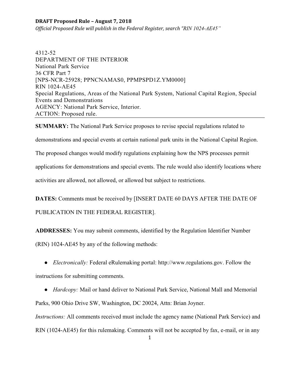 DRAFT Proposed Rule – August 7, 2018 Official Proposed Rule Will Publish in the Federal Register, Search “RIN 1024-AE45”