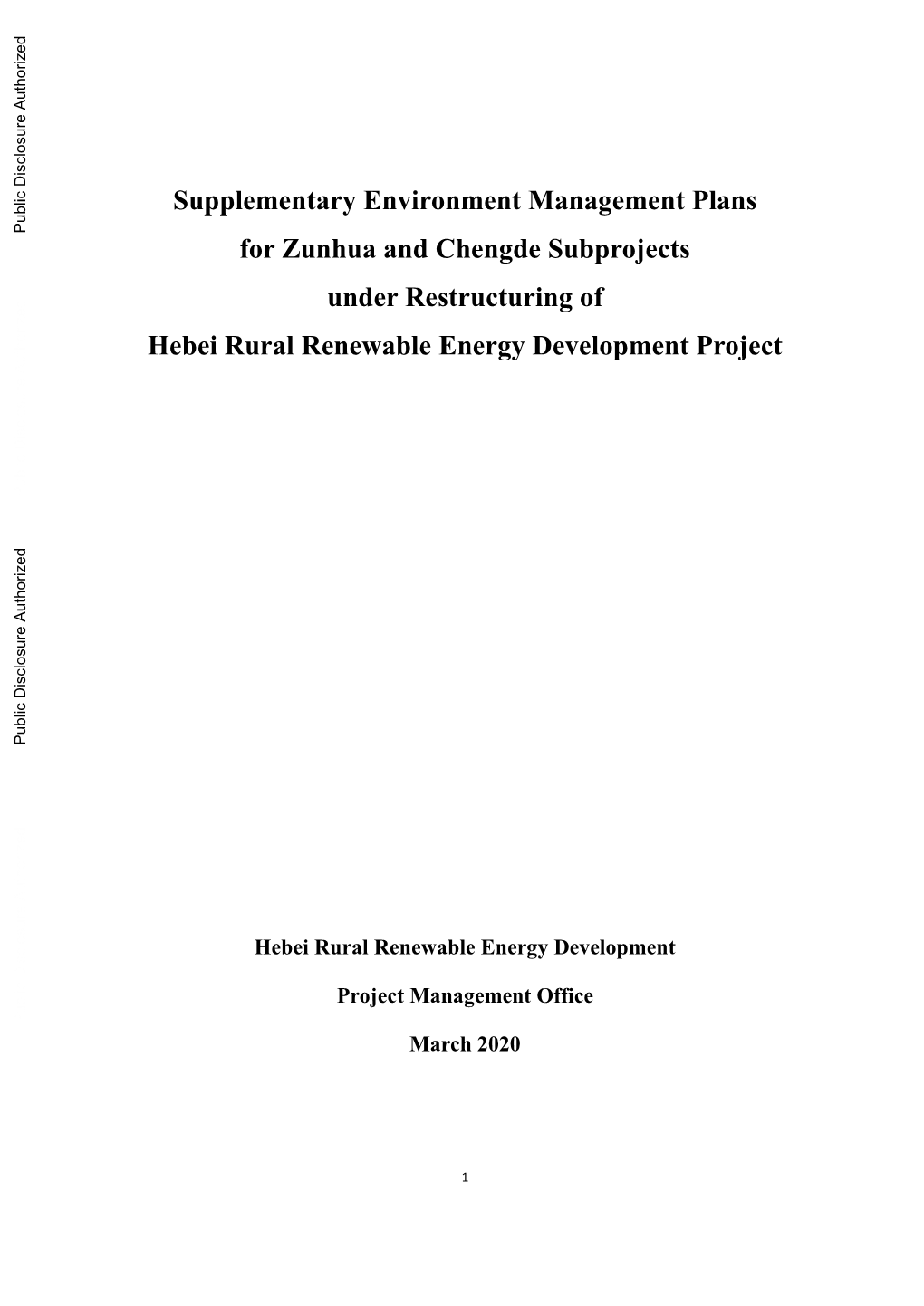 Supplementary Environment Management Plans for Zunhua And