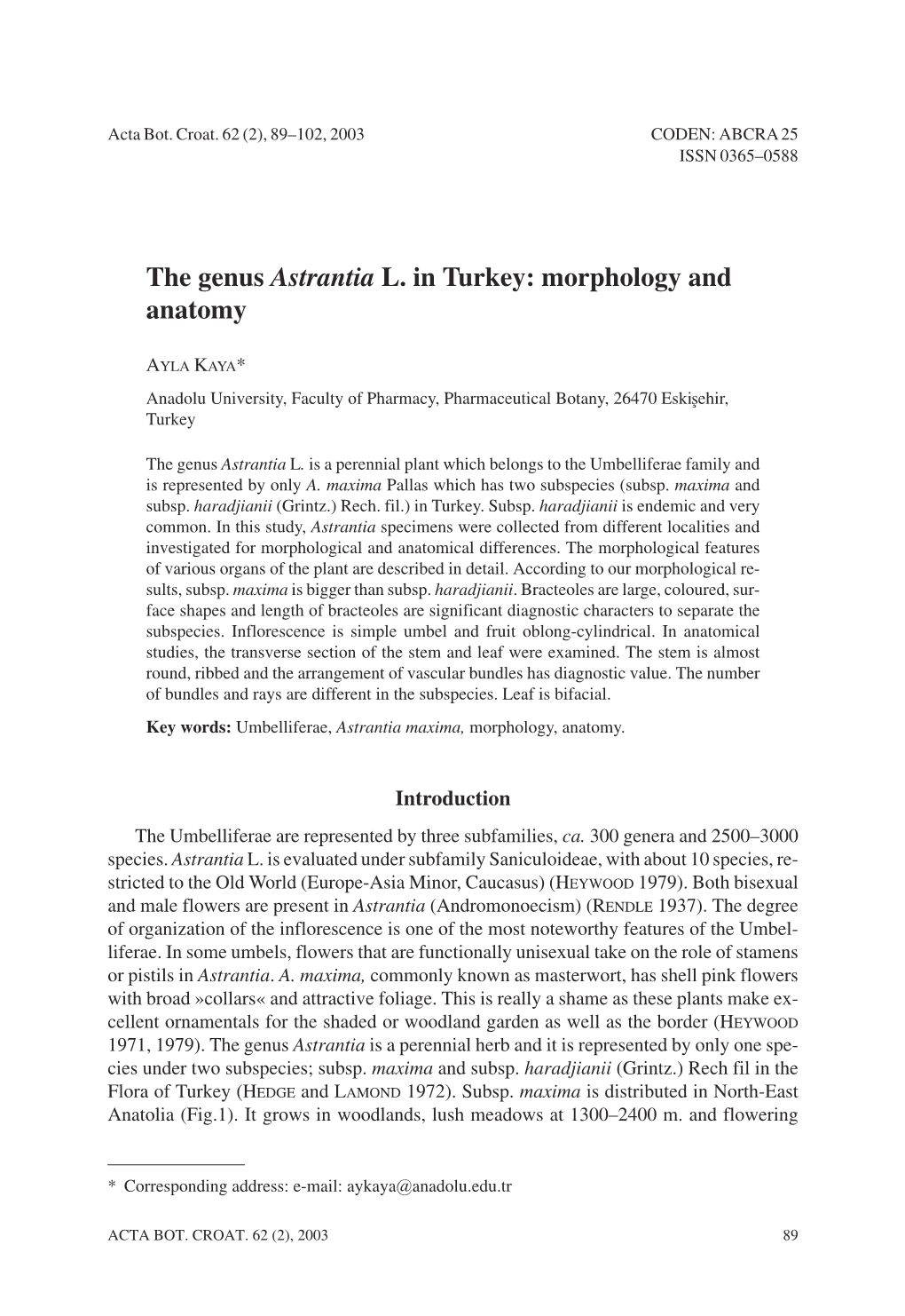 The Genus Astrantia L. in Turkey: Morphology and Anatomy