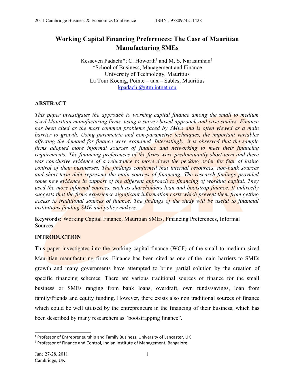 Working Capital Financing Preferences: the Case of Mauritian Manufacturing Smes