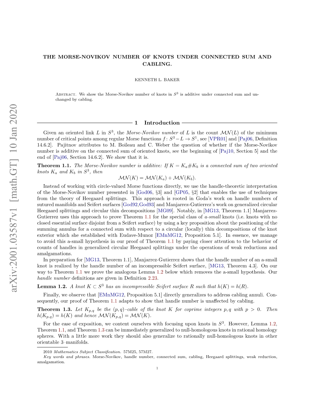 Arxiv:2001.03587V1 [Math.GT] 10 Jan 2020 Finally, We Observe That [Emnmg12, Proposition 5.1] Directly Generalizes to Address Cabling Annuli