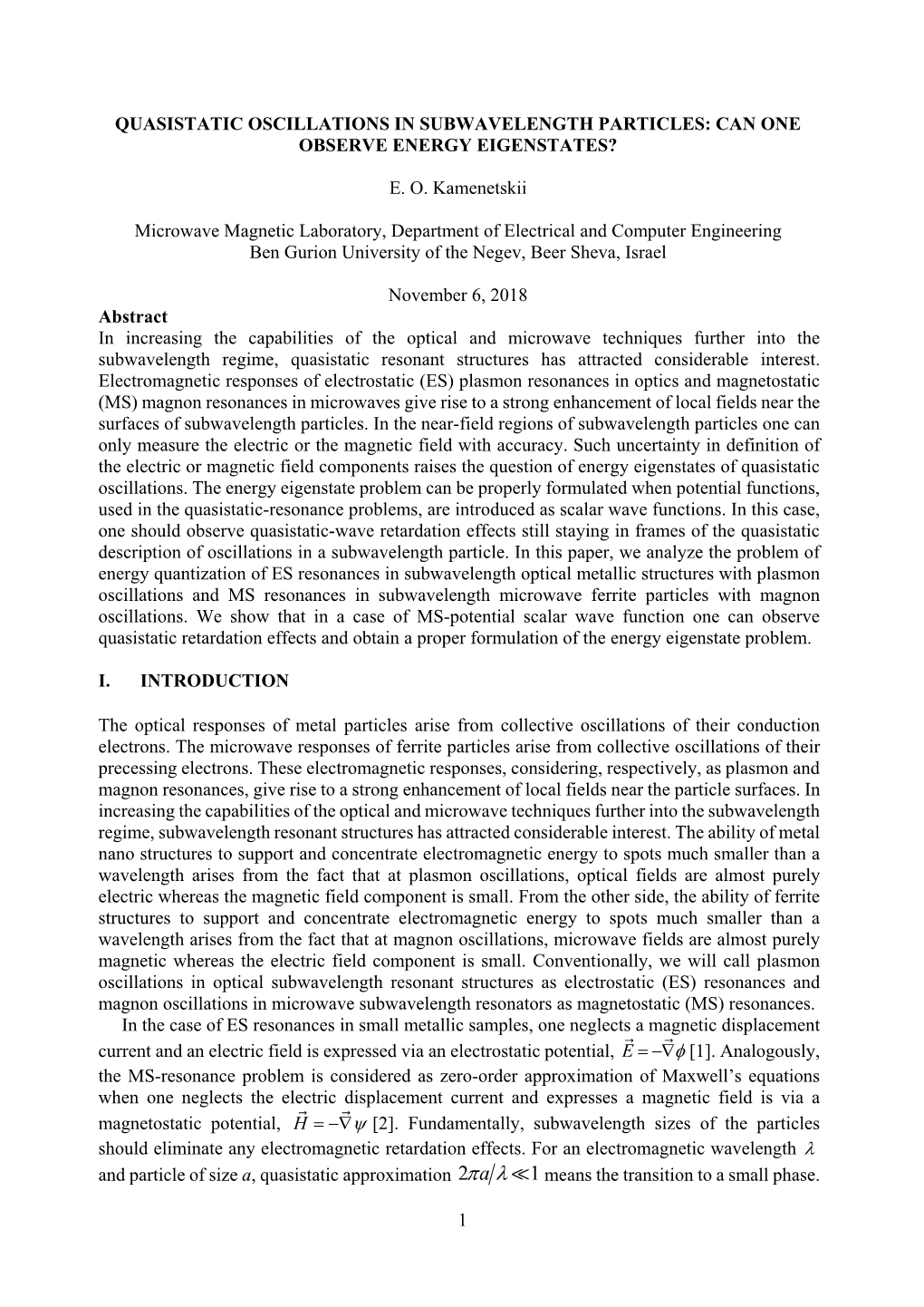 1 Quasistatic Oscillations in Subwavelength Particles