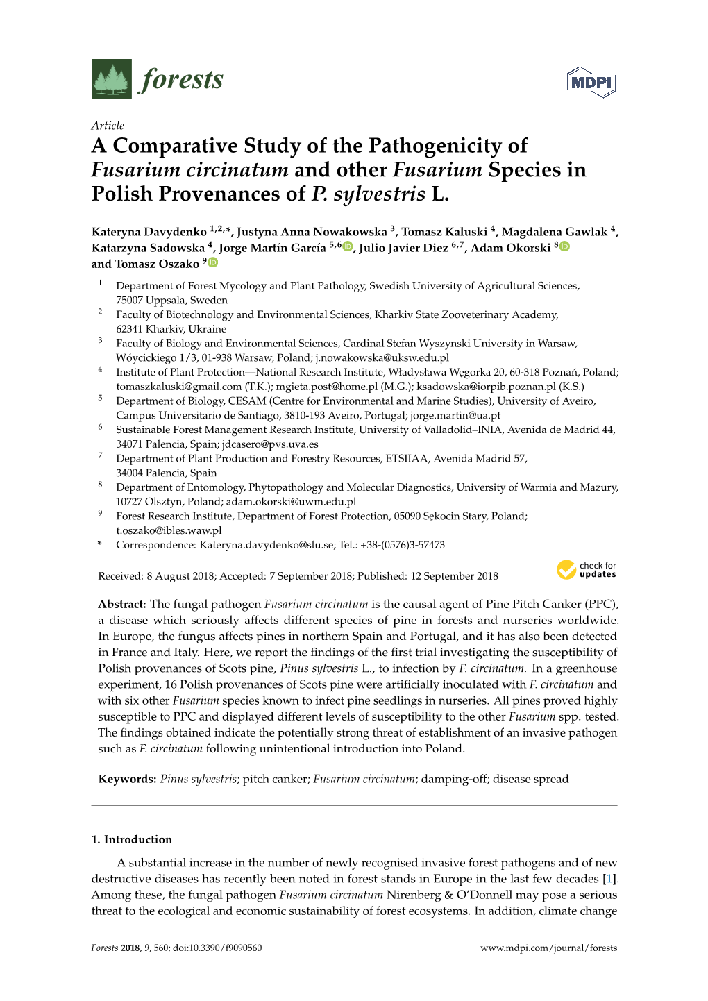 A Comparative Study of the Pathogenicity of Fusarium Circinatum and Other Fusarium Species in Polish Provenances of P