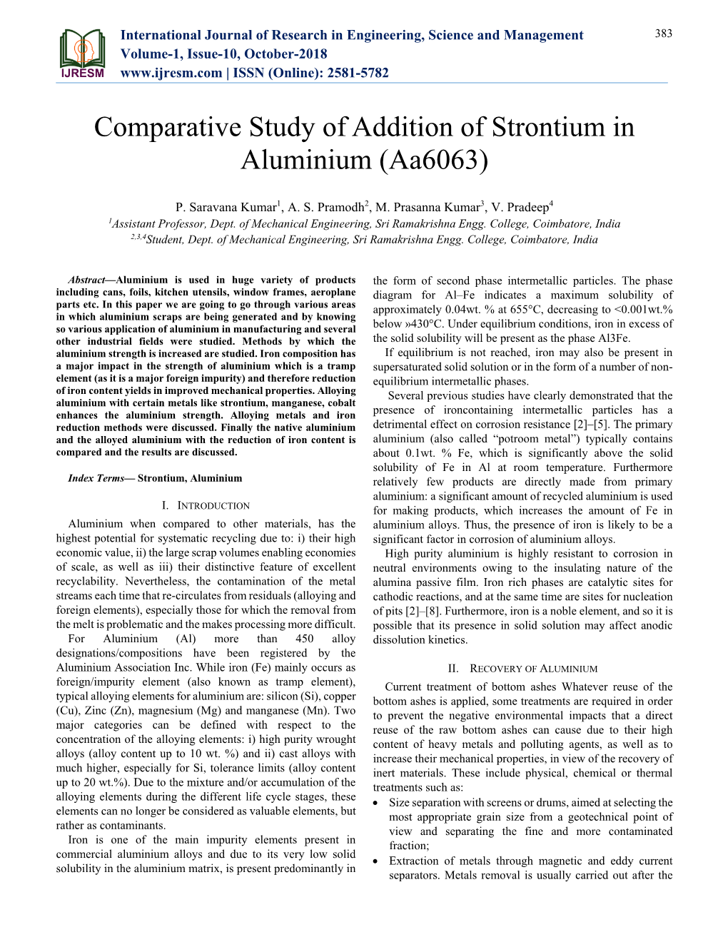 Comparative Study of Addition of Strontium in Aluminium (Aa6063)