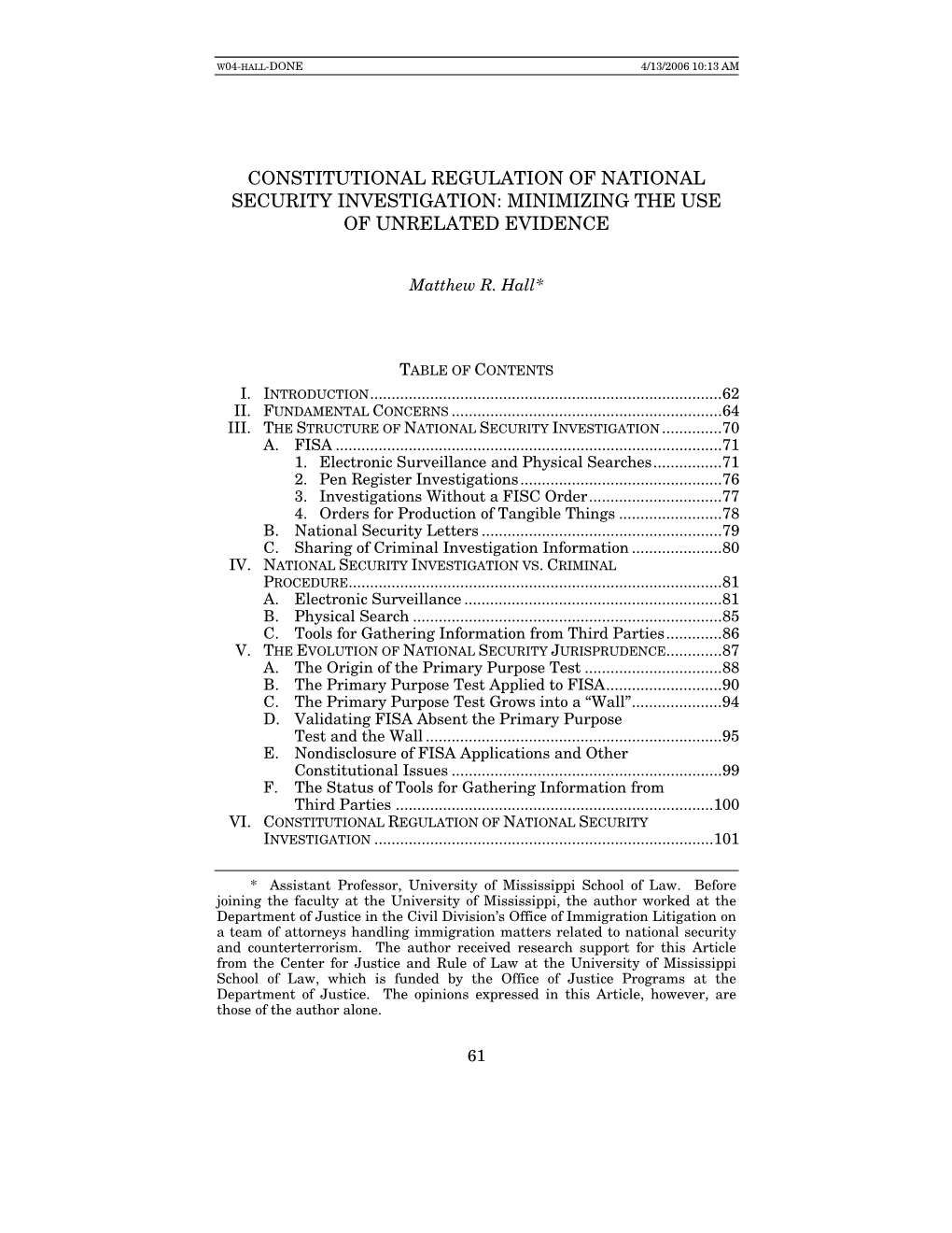 Constitutional Regulation of National Security Investigation: Minimizing the Use of Unrelated Evidence