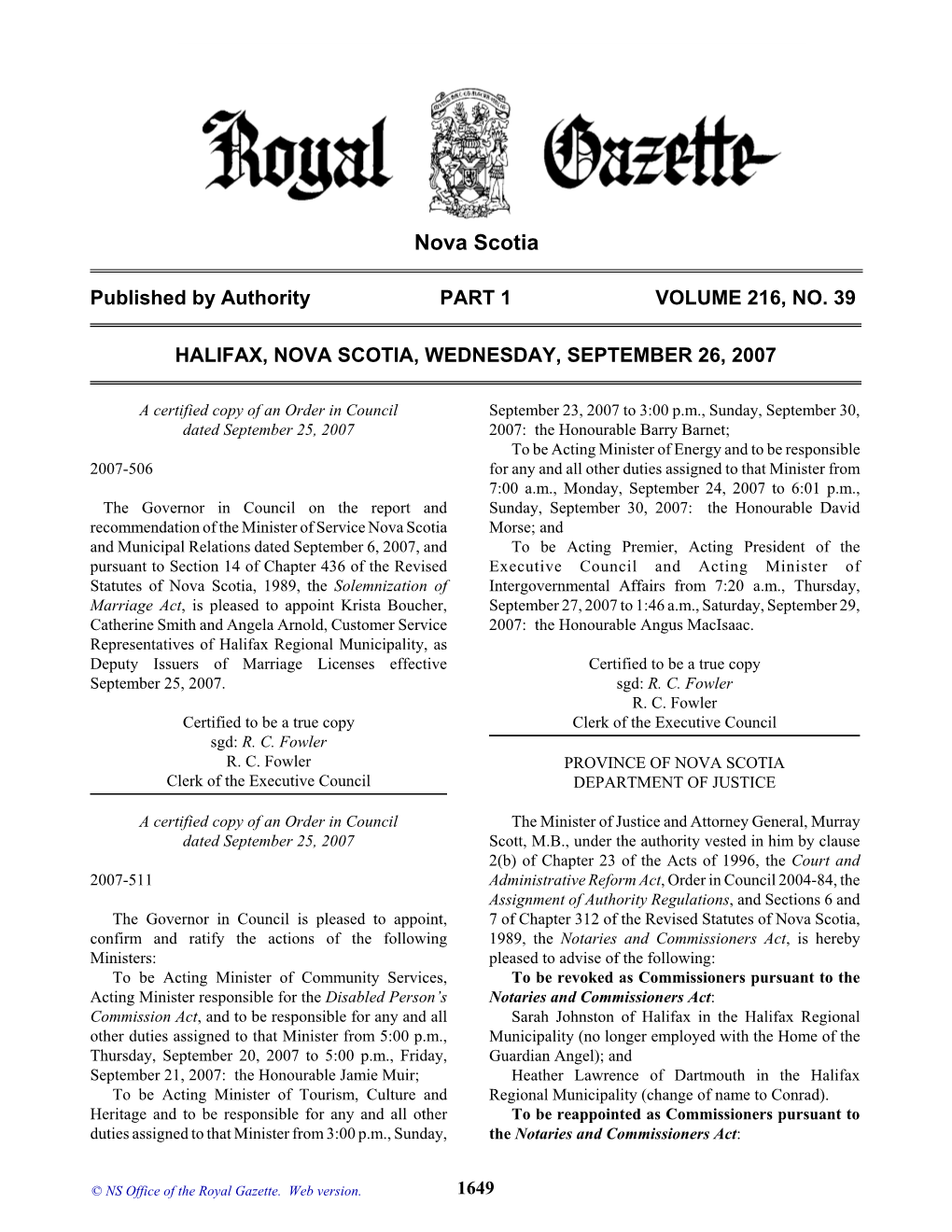 NS Royal Gazette Part I