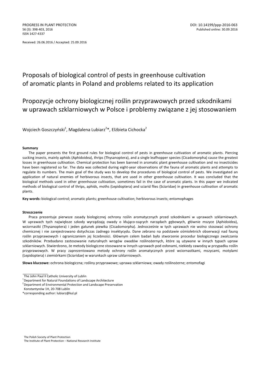 Proposals of Biological Control of Pests in Greenhouse Cultivation of Aromatic Plants in Poland and Problems Related to Its Application