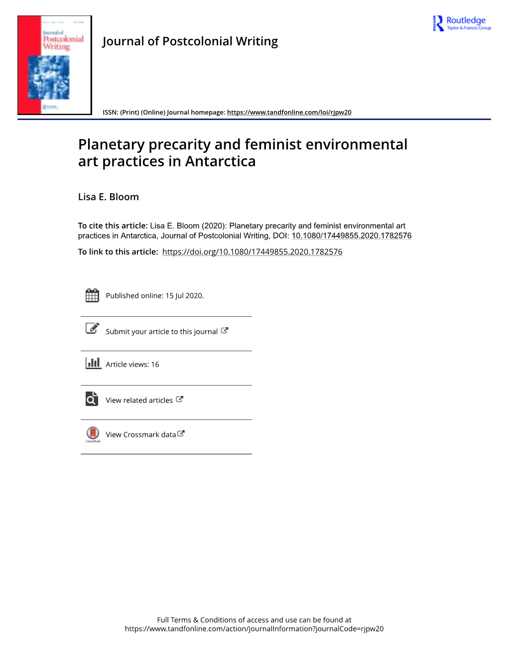 Planetary Precarity and Feminist Environmental Art Practices in Antarctica