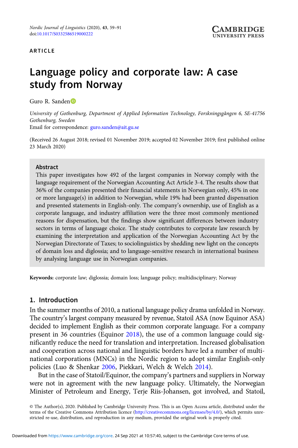 Language Policy and Corporate Law: a Case Study from Norway