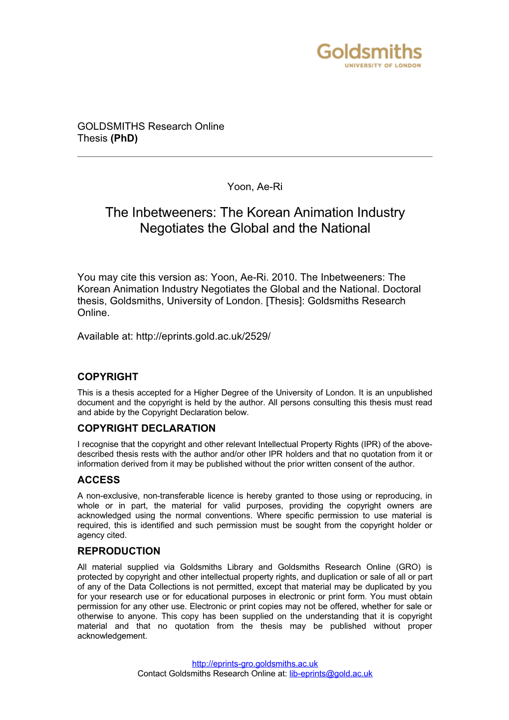 The Inbetweeners: the Korean Animation Industry Negotiates the Global and the National