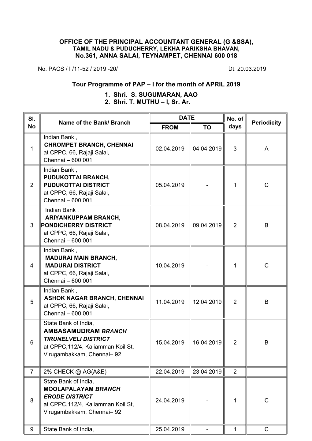 No.361, ANNA SALAI, TEYNAMPET, CHENNAI 600 018 Tour Programme of PAP 1