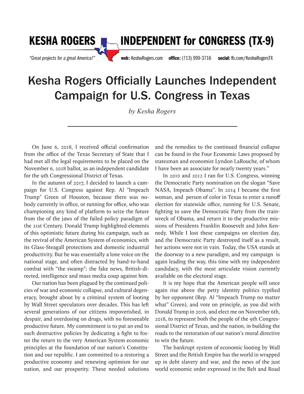 Kesha Rogers Officially Launches Independent Campaign for U.S. Congress in Texas by Kesha Rogers