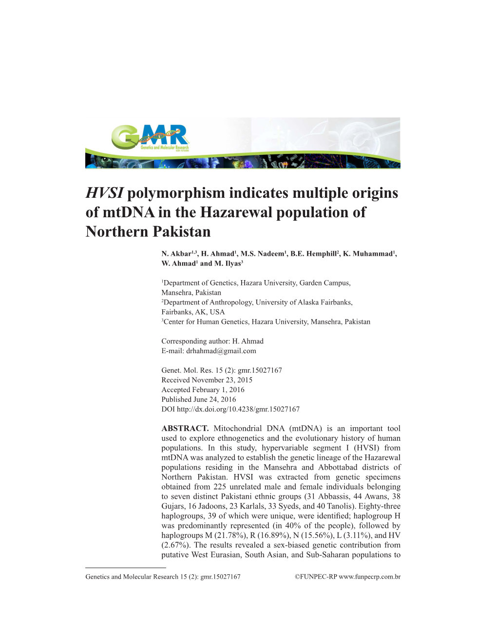 HVSI Polymorphism Indicates Multiple Origins of Mtdna in the Hazarewal Population of Northern Pakistan