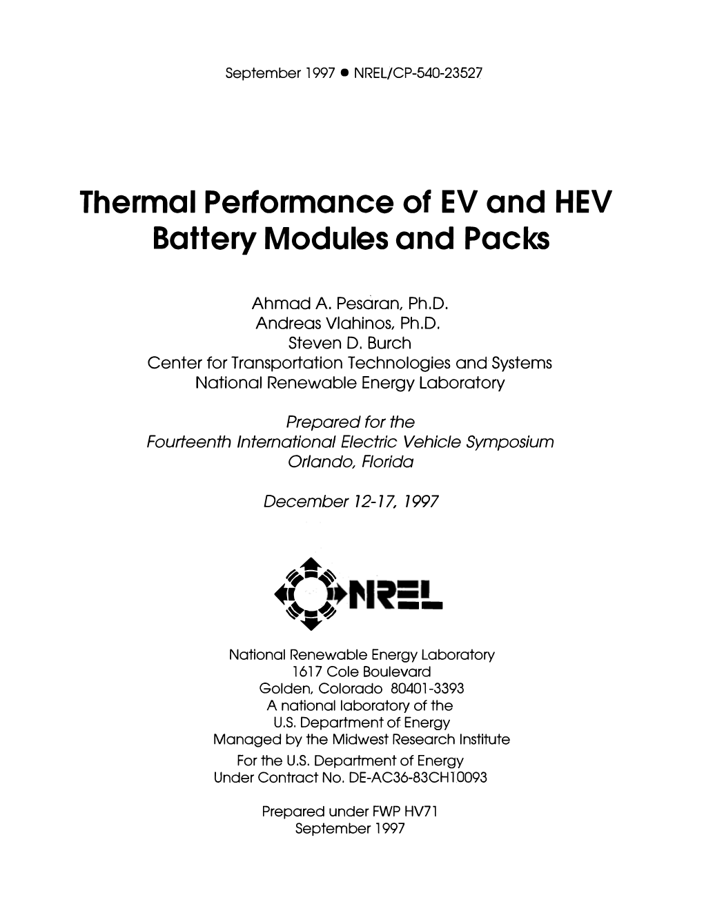 Thermal Performance of EV and HEV Battery Modules and Packs